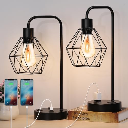BTY Industrial Table Lamps Set of 2 Vintage Desk Lamp Metal Cage Nightstand Bedside Lamp with Dual USB Charging Ports and AC Outlet for Bedroom Living Room Office (Black)