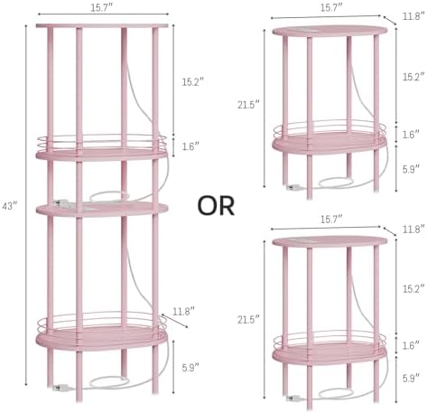 Small Oval Side Table with Charging Station, 2-Tier Pink Round End Table
