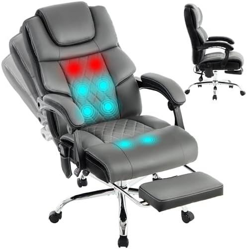 Massage Office Chair with Heat & Footrest,Heated Comfy Reclining Desk Chair with Vibration,Executive Big and Tall Chairs for Heavy People,Adjustable Height Black Gray