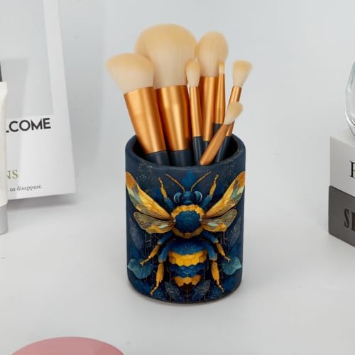 Leather Pen Holder for Desk, Bee Pencil Cup Pen Organizer Makeup Brush Holder for Office Home Kids Countertop Desk Accessory Storage