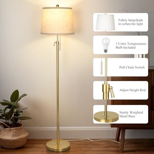 Gold Floor Lamp for Living Room 55-65" Adjustable Modern Brass Standing Lamp with Pull Chain Tall Pole Light with Beige Shade for Bedroom Reading Office Corner Nursery 9W LED Bulb Included 3 ColorTemp