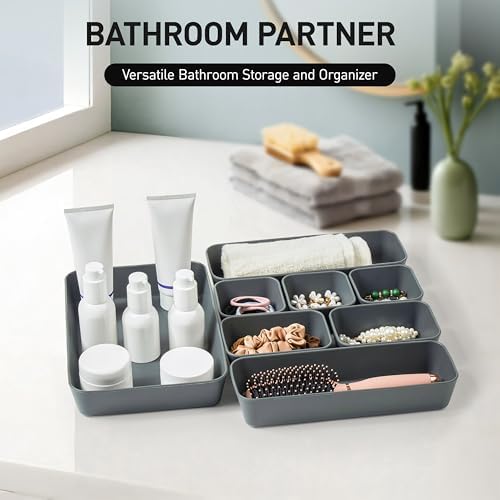 ISSEVE 8Pcs Silicone Drawer Organizer Trays for Bathroom, 4 Sizes, Black