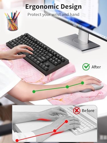 3-in-1 Ergonomic Keyboard Stand with Wrist Rest & Mouse Pad Set,Pink Marble