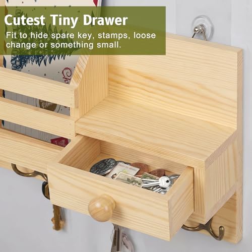 Key Holder Wall Mount, Wooden Key and Mail Organizer, Natural