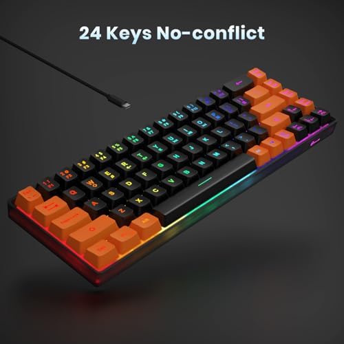 GEODMAER 65% Gaming Keyboard, LED Backlit Mini Wired Keyboard, Ultra-Compact Anti-Ghosting No-Conflict 68 Keys Membrane Gaming Wired Keyboard for PC Laptop Windows Gamer(Black-Orange)