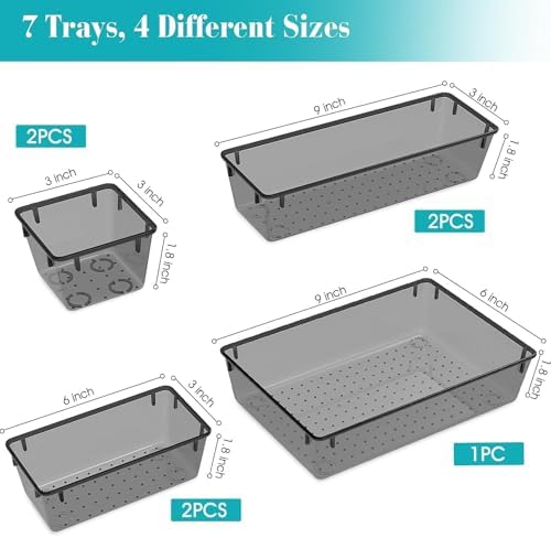 7 PCS Plastic Drawer Organizers Set, 4 Size Desk Drawer Organizer Trays