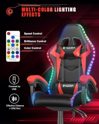 Bigzzia Gaming Chair with RGB LED Lights for Kids & Adults, High Back Ergonomic Computer Gamer Chair with Headrest and Lumbar Support, Racing Style Reclining Game Chair (Black/Red)