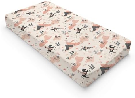 Cartoon Western Cactus Horse Mountains Hearts Baby Changing Pad Cover, Unisex Western Nursery Diaper Changing Table Pad Mat Sheet for Girls-16x32