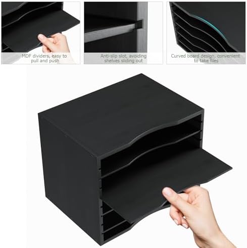 Bamjoy Wood 5 Tier Desktop Organizer, Paper Organizer Mail Sorter, File Holder Letter Document Storage with Adjustable Shelves for School Home Office, Black