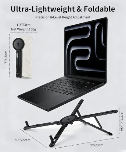 miley Laptop Stand for Desk, 8-Level Adjustable, Magnetic Phone Mount Black