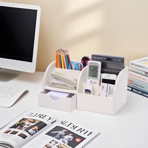 KINGFOM Pu Leather Desk Organizer Pen Pencil Holder Office Supplies Caddy Storage Box 6 Compartments with Drawer White (Full Pu Leather)