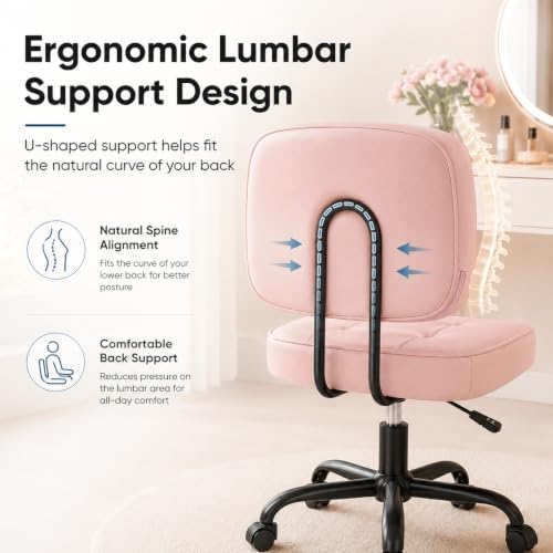 Armless Drafting Chair, Ergonomic PU Leather Home Office Computer Task Chair with Lumbar Support, Height Adjustable Swivel Rolling Chair for Small Spaces, Vanity, Bedroom, Study, Living Room, Pink