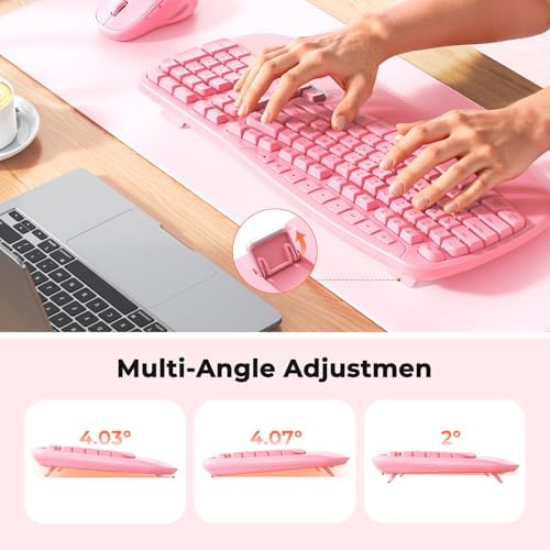 MEETION Wave Ergonomic Keyboard and Mouse Combo with Wrist Rest, Pink