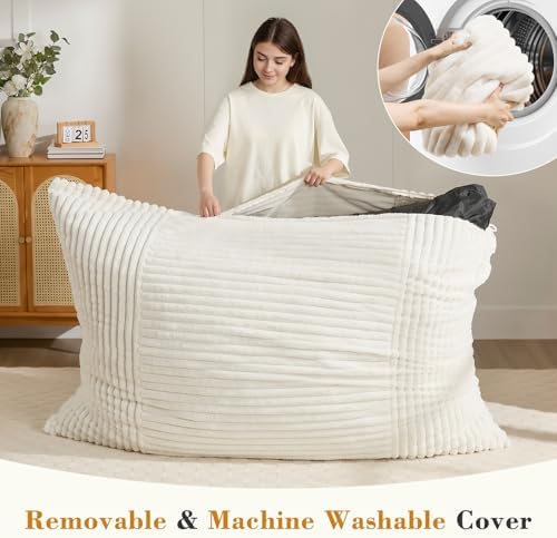 3-in-1 Giant Bean Bag Chair for Adults & Kids, Convertible Floor Sofa to Mattress, High-Density Foam Chair Bed with Washable Cover, Multi Functional Lounge Couch for Bedroom, Living Room (Beige)
