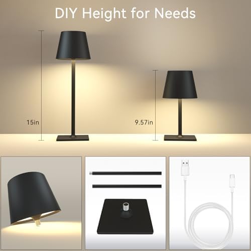 Yogaret Black Cordless Table Lamps, 6000mAh Rechargeable Battery, 2 Pack
