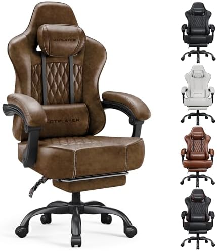 GTPLAYER Big and Tall Gaming Chair with Footrest, Ergonomic Office Desk Chair with 4.4in Thick Cushion and Wide Wingless Seat, Comfortable Leather Computer Chair, Predator Series, Rustic Brown