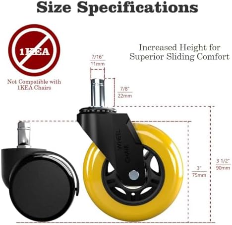 Office Chair Wheels Replacement,3" Rubber Desk Chair Wheels 7/16" Stem,Universal fit for Most Rolling/Gaming Chairs,Floor Protection for Carpet/Hardwood/Tile,Smooth&Quiet Rolling,Set of 5