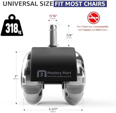 Mastery Mart Office Chair Caster Wheels for Hardwood Floors, Heavy Duty and Quiet Smooth Rollerblade Wheels for Office Chair, Universal Size (11x22mm), Suitable for Most Chairs