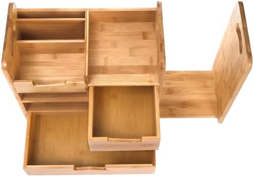 ZOOFOX Bamboo Desk Organizer with Adjustable File Holder, Mail Organizer Countertop with Drawer, 4-Tier Desktop Organization and Desk Accessories for Home Office School Supplies, No Assembly Required
