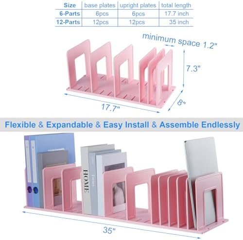 Adjustable Vertical File Sorter Sturdy Plastic Expandable Upright File Holder, Desktop Binder Organizer, School Office File Organizer Bookshelf Divider, Assemble Easily Endlessly, Pink
