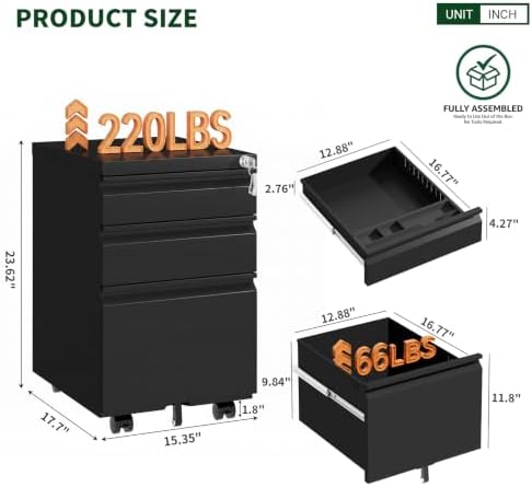 3 Drawer Metal File Cabinet with Lock & Rolling Casters