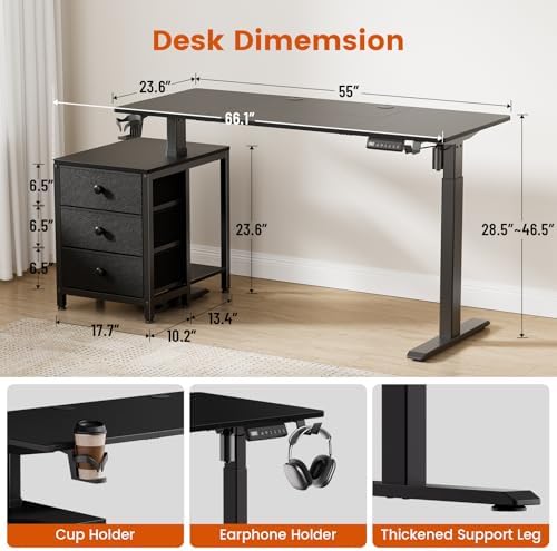 REAHOME 55 Inch Black Electric Height Adjustable Standing Desk with Drawers