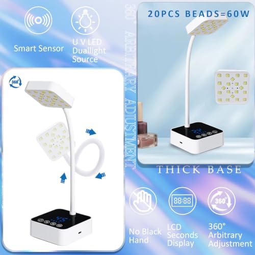 UV LED Nail Lamp for Gel Nails Polish, 20 Beads Flash Cure 60W Cordless Gooseneck Mini Nails Light, Quick Dryer with Timers Smart Sensor Ambient Lighting, Home DIY & Professiona 2000Am