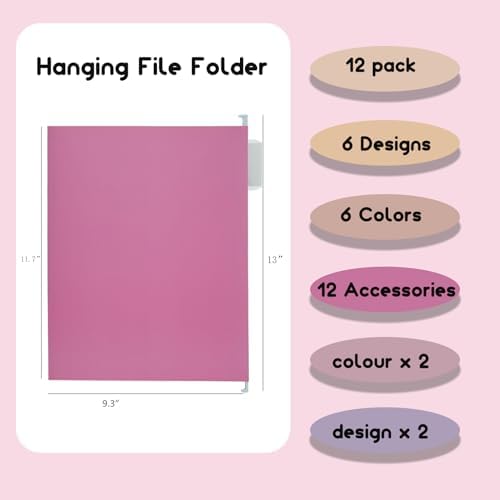 12 Pack Hanging Folder File Cabinet Organizer Letter Size 1/5 Cut Adjustable Label Decoration Home Office School Classroom, Macaron Color