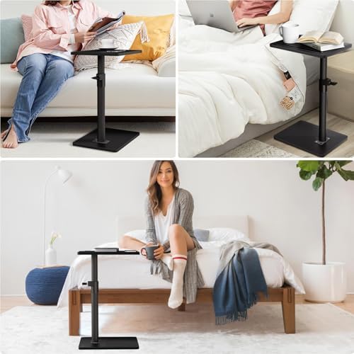 YUHFERA Sofa Armrest Tray Table for Couch - 360° Swivel Height Adjustable End for Small Spaces, Snack Side Table for Bed or Chair with Phone & Tablet Slot (Black,Standard)