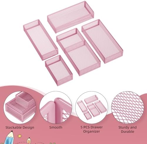 Marbrasse 5 Pack Desk Drawer Organizer Set, Mesh Drawer Storage Trays with 1 Adjustable Divider, Desk Organizers and Accessories, 5 PCS Drawer for Office Supplies, Makeup & Vanity (Pink)