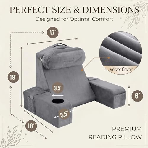 19 INCH Reading Pillow for Adults, Back Pillow for Bed Sitting Up, Backrest Pillow for Sitting in Bed, Detachable Arms with Built-in Cup & Phone Caddy (Gray, 19 INCH)