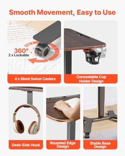 VEVOR Standing Desk, Adjustable Height Mobile Stand Up Desk w/Casters, 28.2 x 20.5 in Small Computer Sit Stand Rolling Workstation w/Hook, 33 lbs Capacity, Foot Pedal Pneumatic Lift for Home Office