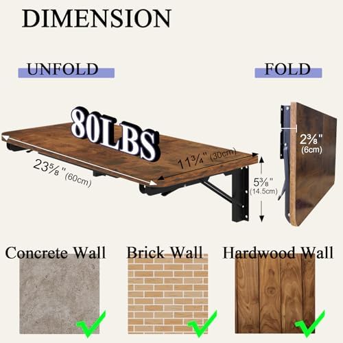 TEAMIX Wall Mounted Folding Table, Floating Desk for Small Spaces, Rustic