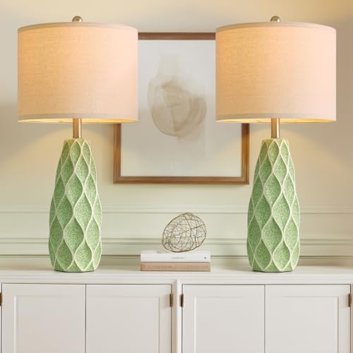 Ceramic Table Lamps Set of 2, 27.5" Green Lamps for Bedroom Living Room