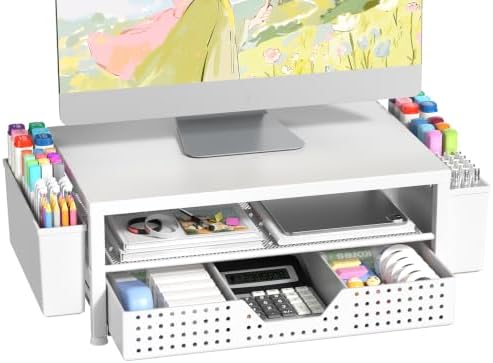 Wood Metal Monitor Stand Riser, Laptop Stand for Desk, Office Desk Organizer and Accessories, Computer Desktop Shelf with Drawer and Pen Holder, Printer Stand for Home, Office, Dorm (White Wood)