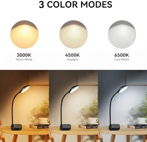 Desk lamps for home office,Black,Battery desk lamp,5W Rechargeable desk lamp,3 Colors,Adjustable brightness,360°Gooseneck Hose,Small rechargeable reading lamp,Eye-friendly and Energy Saving