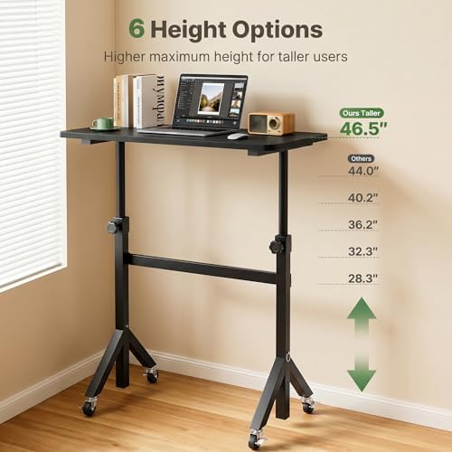 Marsail Mobile Stand Up Desk with Wheels, Adjustable Height Desk from 28.3″ to 46.5″, Rolling Standing Desk with Lockable Wheels, Portable Small Desk for Walking Pad and Treadmill, Black