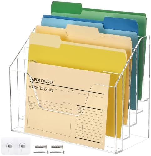 DINGHUO 5 Tier Acrylic Desk Office Wall File Organizer, Clear Wall Mounted File Holder, Magazine Rack Hanging File Organizer (Adhesive Hooks x 2)