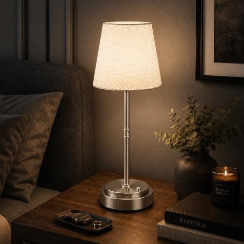 Rechargeable Cordless Table Lamp, Battery Operated Bedside Lamp, Silver