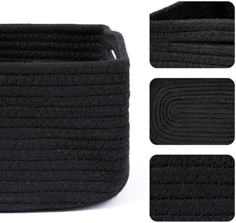 MiniArk Small Storage Baskets for Organizing | Closet Organizer Bins | Shelf Toy Basket | Woven Rope Baskets | Cube Decorative Box | Shallow Basket | 13x8.5x5.1” | 4 Packs Black