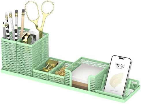 Pen Holder for Desk, 6-Piece Mesh Desk Organizer with Phone Holder, Green