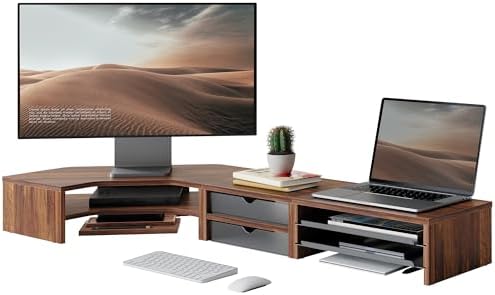 Fenge Dual Monitor Stand, Corner Desk Shelf with Drawer & Slide-Out Tray