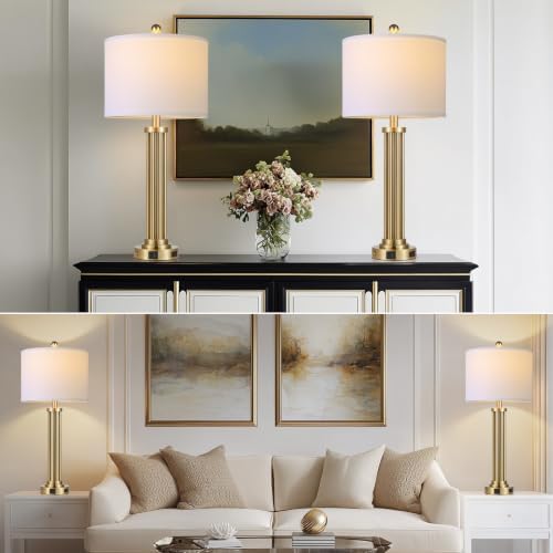 28" Tall Modern Table Lamps Set of 2 with USB C+A Ports and AC Outlet, 3 Way Touch Metal Bedside Lamps for Bedroom, Gold Nightstand Lamps for Living Room