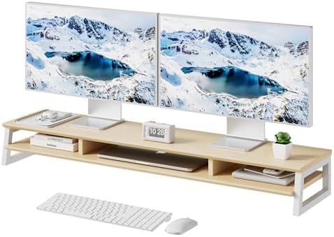 Dual Monitor Stand Riser for Desk, 41.7 Inch Large 2 Tier Computer Monitor Stand for 2 Monitors, Desktop Storage Organizer Shelf with Keyboard Space for Laptop PC Printer, Beige