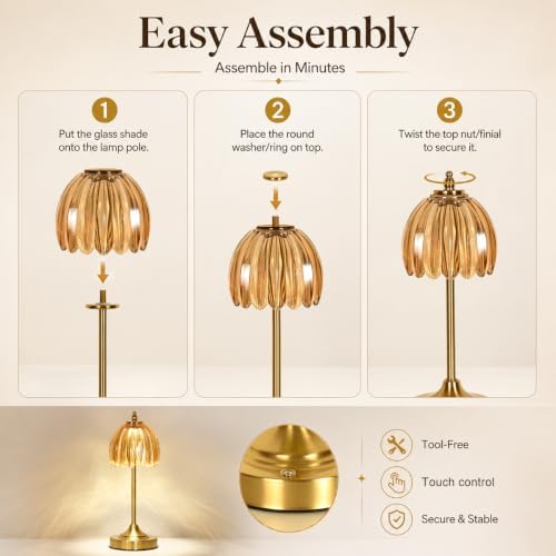 Glass Tulip Table Lamp, Cordless Rechargeable Desk Lamp - Amber