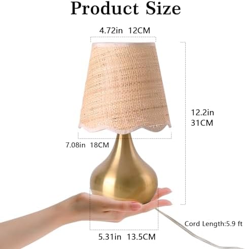 Ziqqeelam Gold Small Bedside Table Lamp Touche Control 3-Way Dimmable Brass Mini Table Lamps for Nightstand, Rattan Shade Small Table Lamps for Small Spaces for Kitchen Counter, Bookshelf, Bedroom