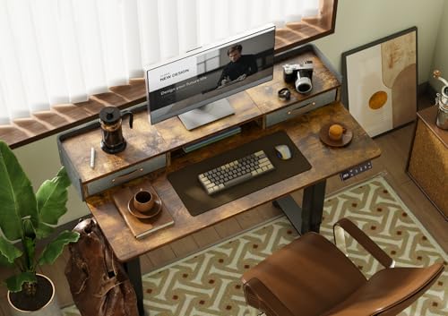 Claiks Standing Desk with Drawers & Wheels, 2 Height Shelf 40" Rustic Brown