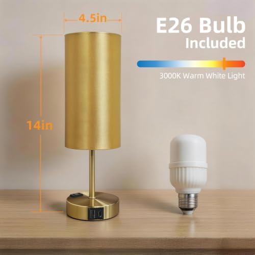 Bedside Table Lamp, Dimmable Touch, AC Outlet, USB A+C (Gold)