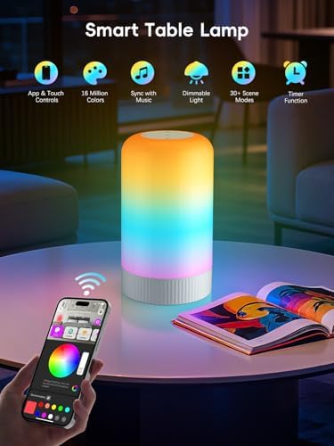 RGBICWW Smart Table Lamp, Touch Bedside Lamp with App Control, LED Desk Lamp with Music Sync, 30+ Scenes & 16M Colors, Color Changing Lamp for Bedroom Living Room Gaming Dimmable Night Light, White