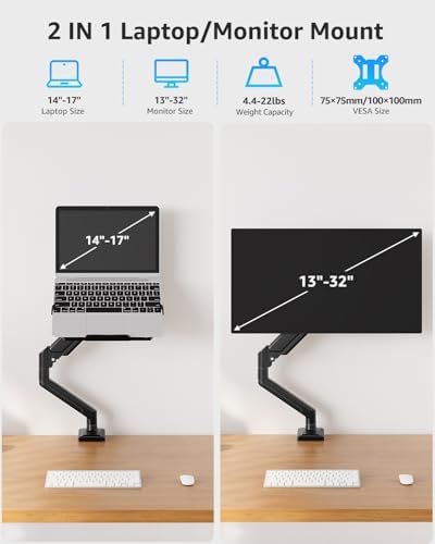 MOUNTUP Laptop Stand for Desk, 2-in-1 Monitor Mount with Laptop Tray Holds 2.2-22lbs, Adjustable Laptops Arm Mount for Max 17" Notebook & 32" Monitor, Laptops Desk Arm with Clamp/Grommet